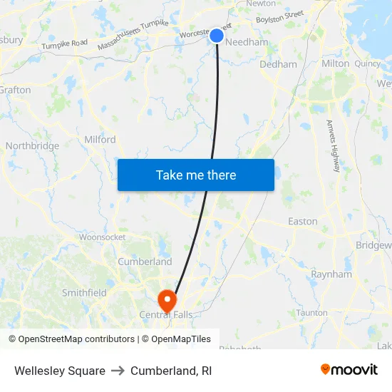 Wellesley Square to Cumberland, RI map