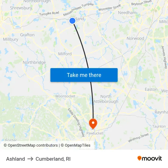 Ashland to Cumberland, RI map