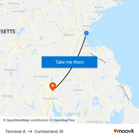 Terminal A to Cumberland, RI map