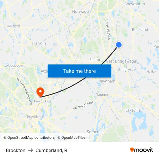 Brockton to Cumberland, RI map