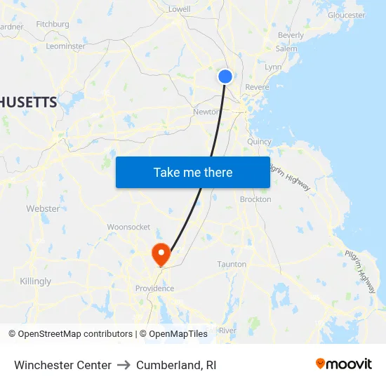 Winchester Center to Cumberland, RI map