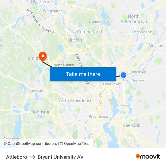 Attleboro to Bryant University AV map