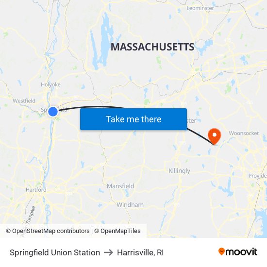 Springfield Union Station to Harrisville, RI map