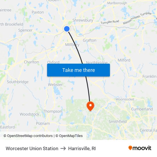 Worcester Union Station to Harrisville, RI map