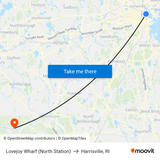 Lovejoy Wharf (North Station) to Harrisville, RI map