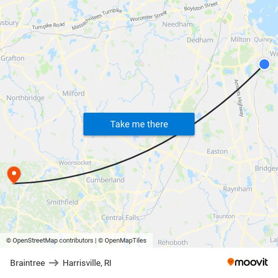 Braintree to Harrisville, RI map