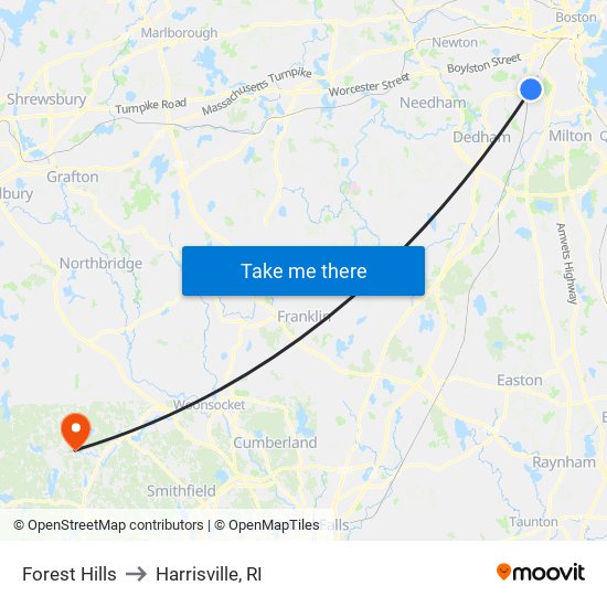 Forest Hills to Harrisville, RI map