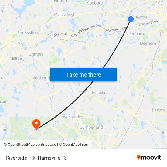 Riverside to Harrisville, RI map