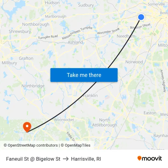 Faneuil St @ Bigelow St to Harrisville, RI map
