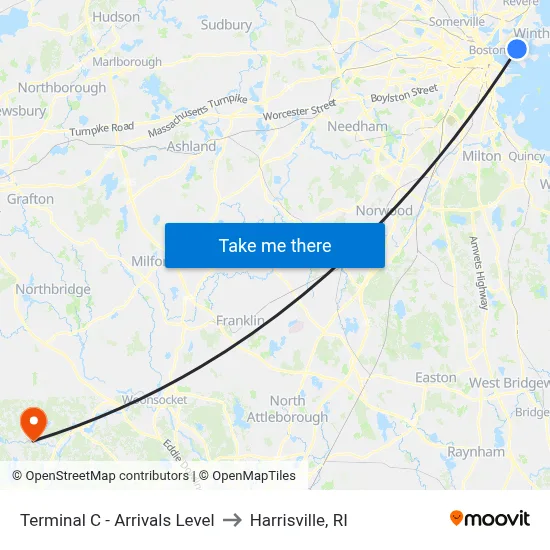Terminal C - Arrivals Level to Harrisville, RI map