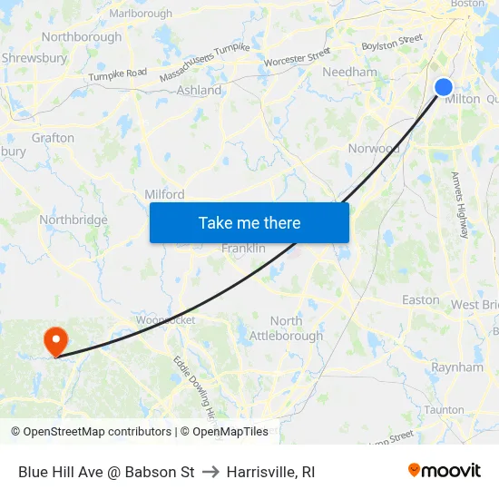 Blue Hill Ave @ Babson St to Harrisville, RI map