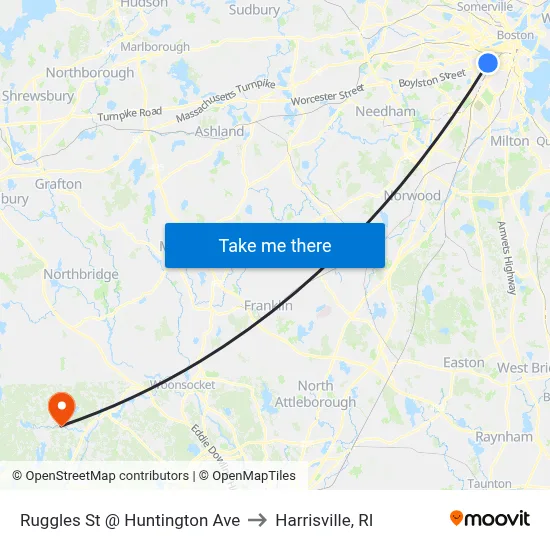 Ruggles St @ Huntington Ave to Harrisville, RI map