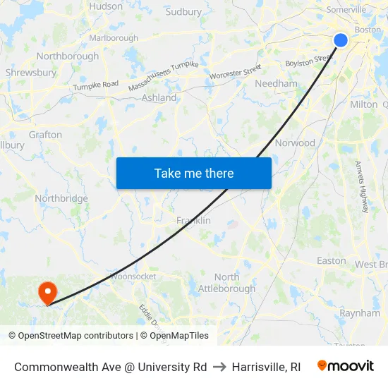 Commonwealth Ave @ University Rd to Harrisville, RI map