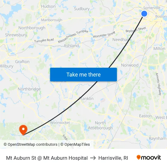Mt Auburn St @ Mt Auburn Hospital to Harrisville, RI map