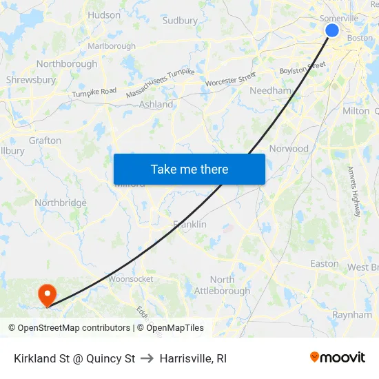 Kirkland St @ Quincy St to Harrisville, RI map