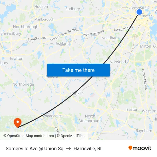 Somerville Ave @ Union Sq to Harrisville, RI map