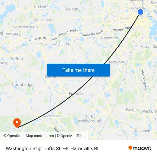 Washington St @ Tufts St to Harrisville, RI map