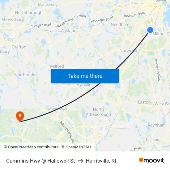 Cummins Hwy @ Hallowell St to Harrisville, RI map