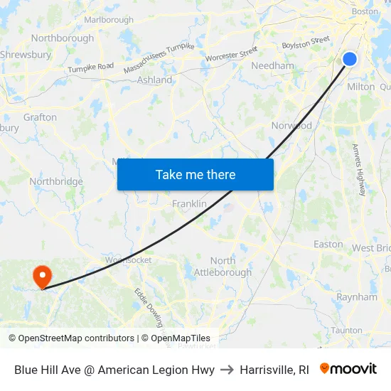 Blue Hill Ave @ American Legion Hwy to Harrisville, RI map