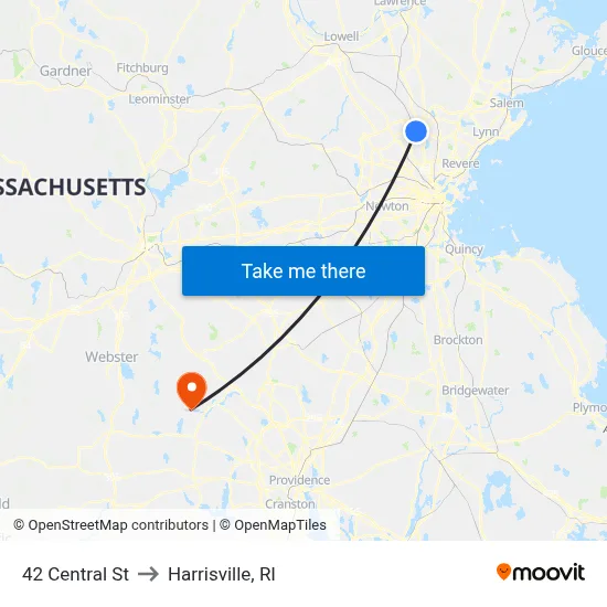 42 Central St to Harrisville, RI map