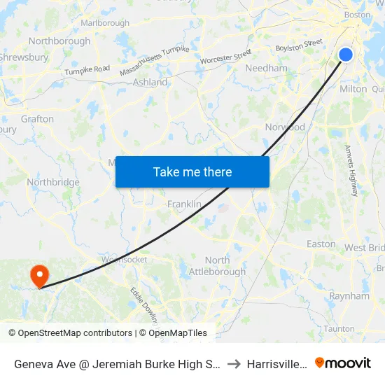 Geneva Ave @ Jeremiah Burke High School to Harrisville, RI map