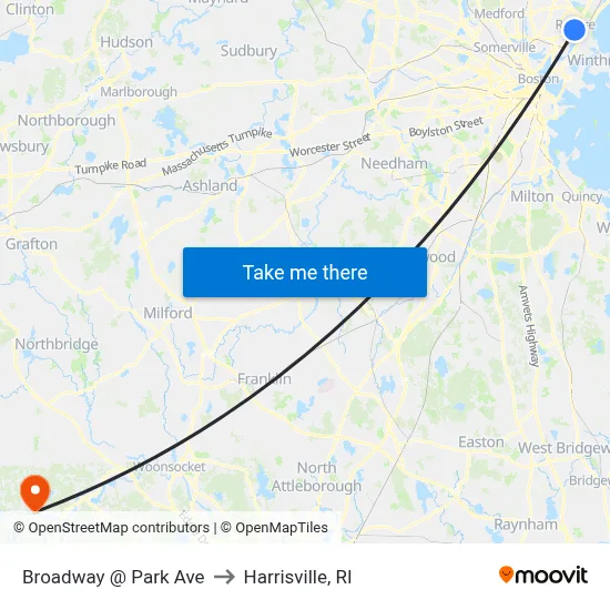 Broadway @ Park Ave to Harrisville, RI map