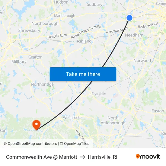 Commonwealth Ave @ Marriott to Harrisville, RI map