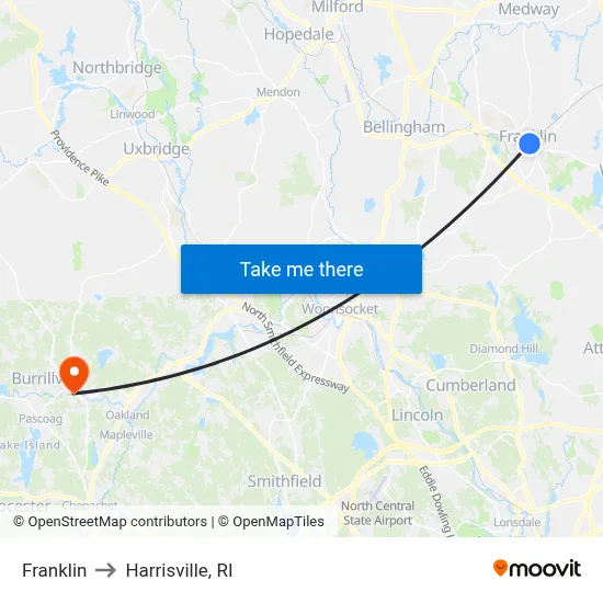 Franklin to Harrisville, RI map