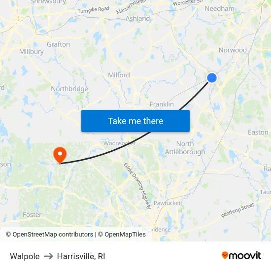 Walpole to Harrisville, RI map