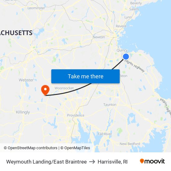 Weymouth Landing/East Braintree to Harrisville, RI map