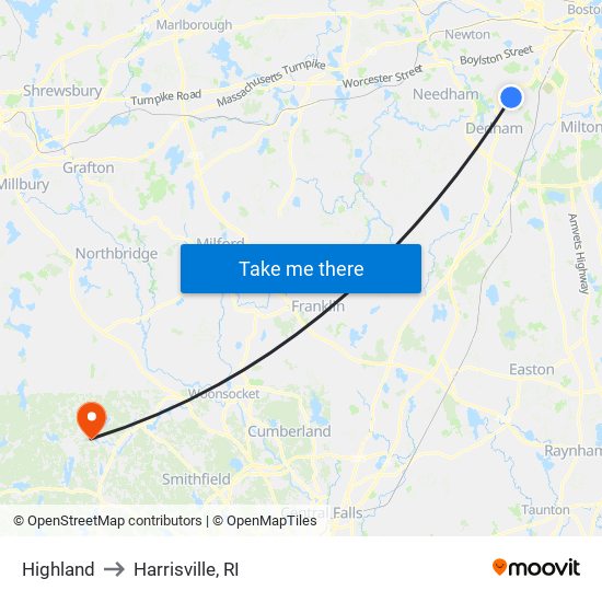 Highland to Harrisville, RI map