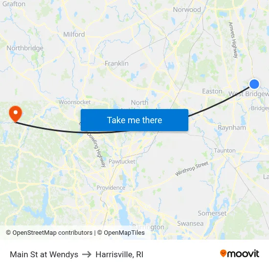 Main St at Wendys to Harrisville, RI map