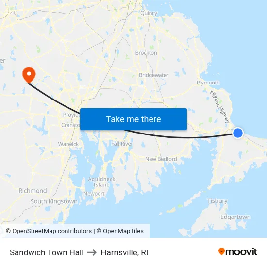 Sandwich Town Hall to Harrisville, RI map