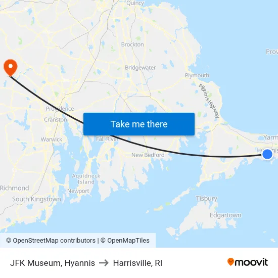 JFK Museum, Hyannis to Harrisville, RI map