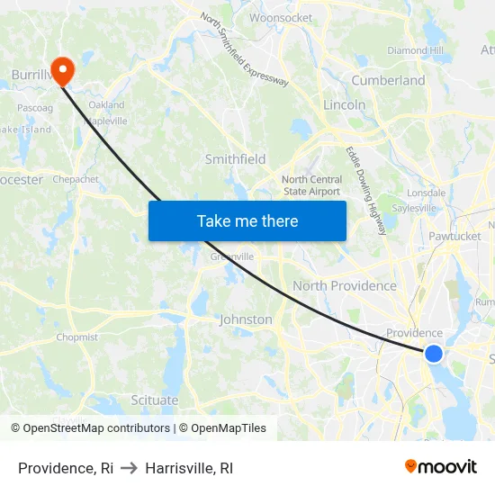 Providence, Ri to Harrisville, RI map