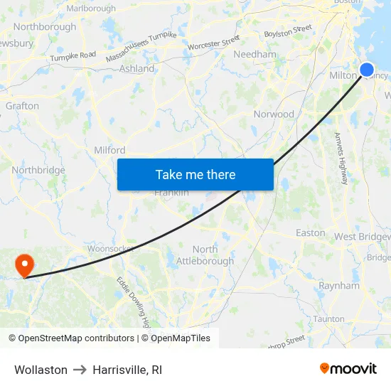 Wollaston to Harrisville, RI map