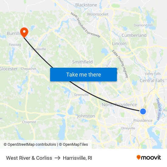 West River & Corliss to Harrisville, RI map