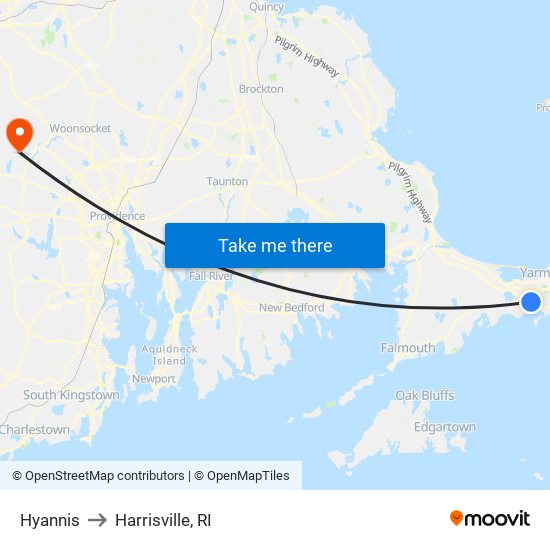 Hyannis to Harrisville, RI map