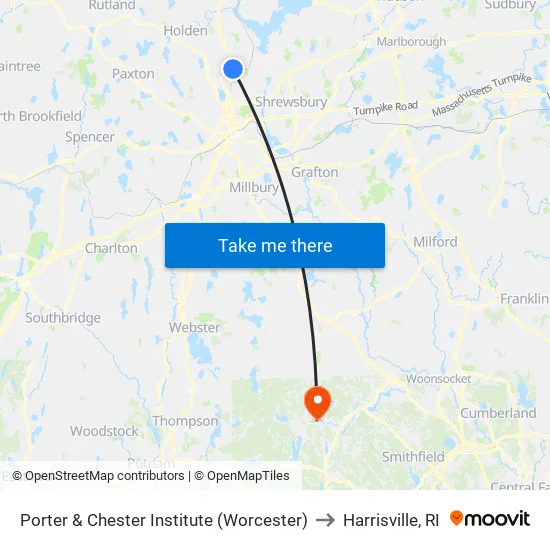 Porter & Chester Institute (Worcester) to Harrisville, RI map