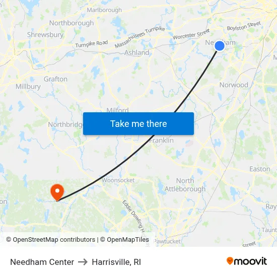 Needham Center to Harrisville, RI map