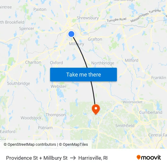 Providence St + Millbury St to Harrisville, RI map