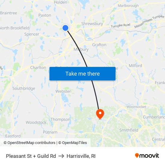 Pleasant St + Guild Rd to Harrisville, RI map