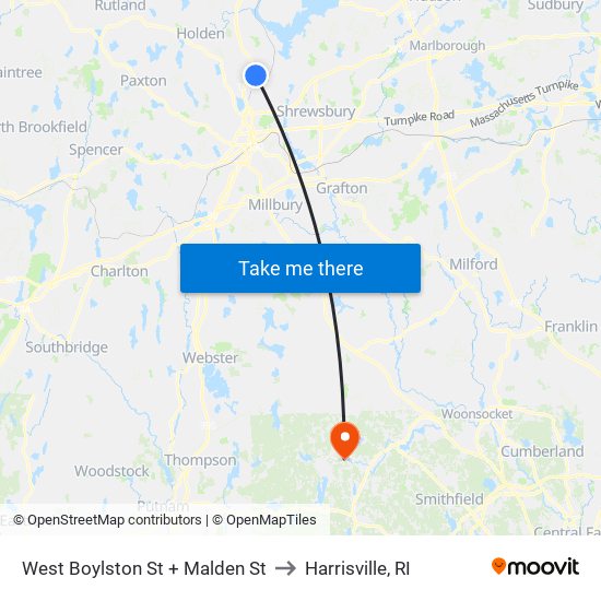 West Boylston St + Malden St to Harrisville, RI map