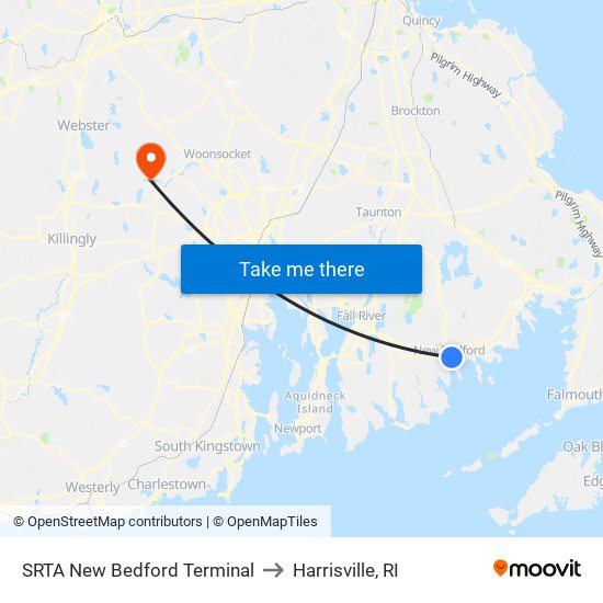 SRTA New Bedford Terminal to Harrisville, RI map