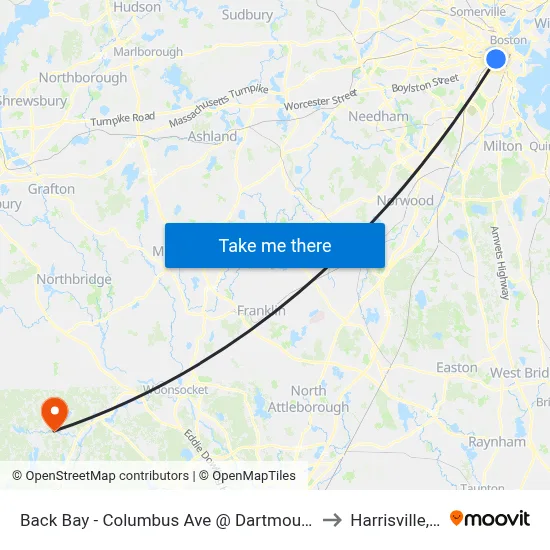 Back Bay - Columbus Ave @ Dartmouth St to Harrisville, RI map