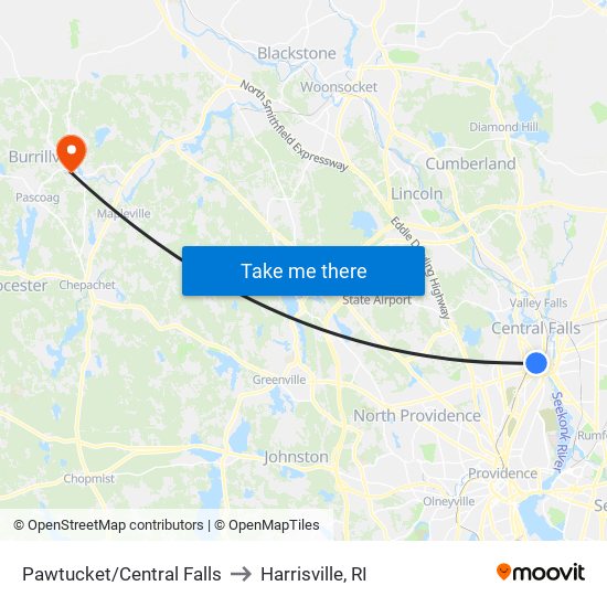 Pawtucket/Central Falls to Harrisville, RI map