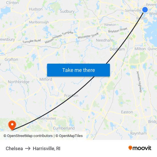 Chelsea to Harrisville, RI map