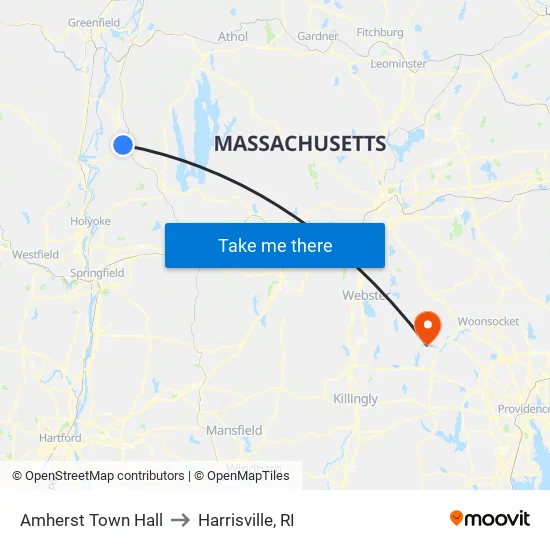 Amherst Town Hall to Harrisville, RI map