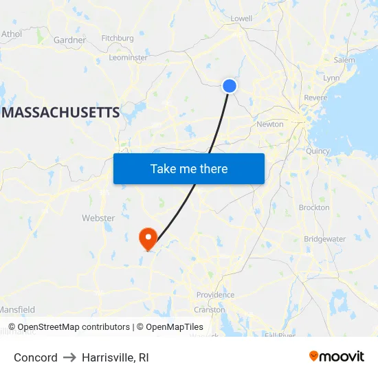 Concord to Harrisville, RI map