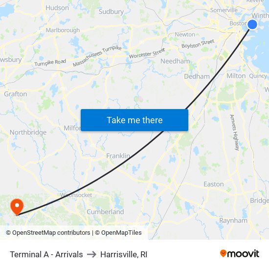 Terminal A - Arrivals to Harrisville, RI map